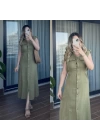 Kemer Detaylı Haki Keten Elbise
