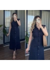 Kemer Detaylı Lacivert Keten Elbise