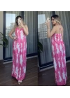 Sırt Dekolteli Batik Desenli Pembe Elbise