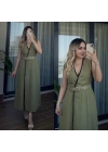 Biyeli Haki Yeşil Keten Elbise