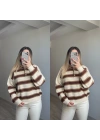 Polo Yaka Çizgili Triko Ekru
