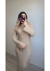 Arkadan Bağlamalı Bej Triko Elbise