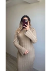 Arkadan Bağlamalı Bej Triko Elbise
