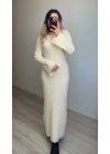 Arkadan Bağlamalı Ekru Triko Elbise
