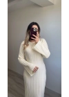 Arkadan Bağlamalı Ekru Triko Elbise