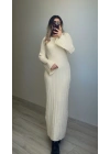 Arkadan Bağlamalı Ekru Triko Elbise