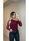 Bordo Tül Bluz