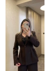 Pileli Belden Oturmalı Acı Kahve Blazer Takım