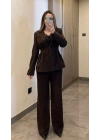 Pileli Belden Oturmalı Acı Kahve Blazer Takım