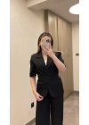 Kemerli Siyah Blazer Takım