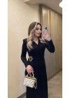 Işıltılı Gold Toka Detaylı Kruvaze Elbise Siyah
