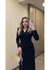 Işıltılı Gold Toka Detaylı Kruvaze Elbise Siyah