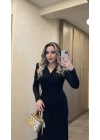 Işıltılı Gold Toka Detaylı Kruvaze Elbise Siyah
