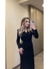 Işıltılı Gold Toka Detaylı Kruvaze Elbise Siyah