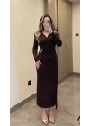 Işıltılı Gold Toka Detaylı Kruvaze Elbise Acı Kahve