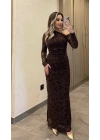 Acı Kahve Dantel Detaylı Transparan Elbise