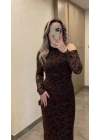 Acı Kahve Dantel Detaylı Transparan Elbise