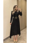 Kemerli Siyah Işıltılı Elbise