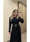 Kemerli Siyah Işıltılı Elbise