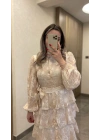 Bej Katkatlı Nakışlı Elbise