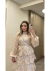 Bej Katkatlı Nakışlı Elbise