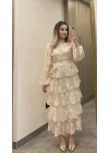 Bej Katkatlı Nakışlı Elbise