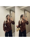 Gold Toka Detaylı Kahverengi Saten Bluz
