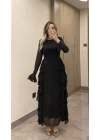 Siyah Volanlı Şifon Elbise