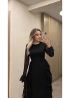 Siyah Volanlı Şifon Elbise