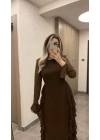 Acı Kahve Volanlı Şifon Elbise