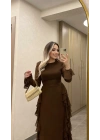 Acı Kahve Volanlı Şifon Elbise