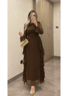 Acı Kahve Volanlı Şifon Elbise