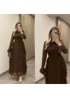 Acı Kahve Volanlı Şifon Elbise