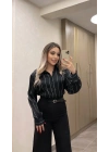 Çizgili Siyah Saten Gömlek