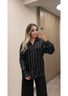 Çizgili Siyah Saten Gömlek