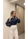 Çizgili Lacivert Saten Gömlek