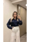 Çizgili Lacivert Saten Gömlek