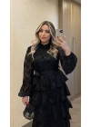 Siyah Katkatlı Nakışlı Elbise