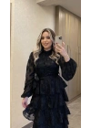 Siyah Katkatlı Nakışlı Elbise
