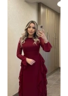 Bordo Volanlı Şifon Elbise
