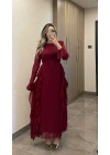 Bordo Volanlı Şifon Elbise