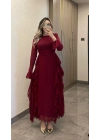 Bordo Volanlı Şifon Elbise