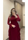 Bordo Volanlı Şifon Elbise