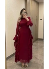 Bordo Volanlı Şifon Elbise