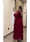 Bordo Volanlı Şifon Elbise