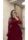 Bordo Volanlı Şifon Elbise