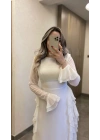 Beyaz Volanlı Şifon Elbise