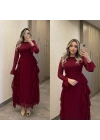 Bordo Volanlı Şifon Elbise