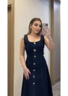 Süs Düğmeli Denim Elbise
