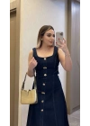 Süs Düğmeli Denim Elbise